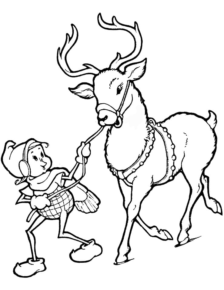 Christmas Elf and Reindeer coloring page