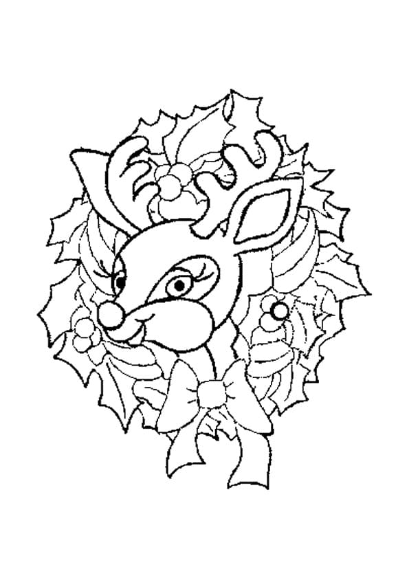 Christmas Wreath with Cute Reindeer coloring page