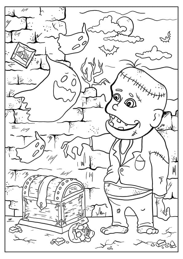 Cute Ghosts and Frankenstein coloring page