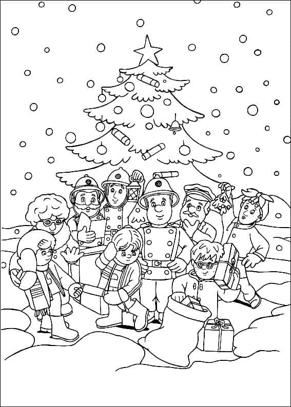 Fireman Sam on Christmas coloring page