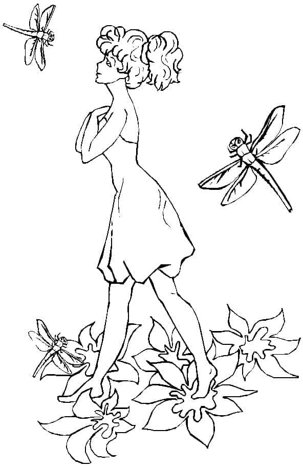 Girl and Dragonflies coloring page