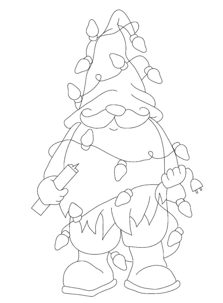 Gnome and Christmas Lights coloring page