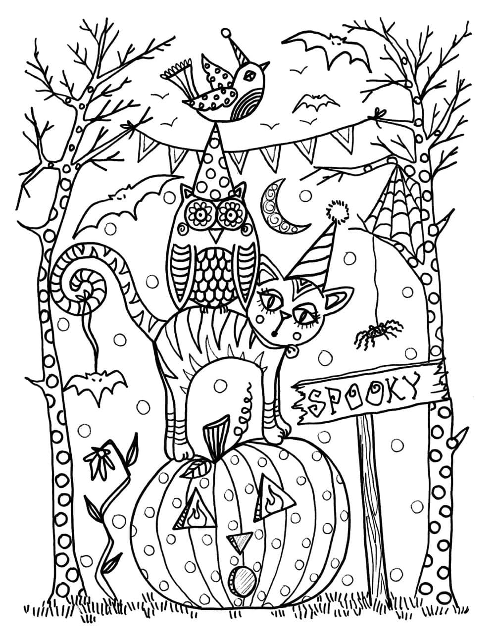 Halloween Cat in the Forest coloring page