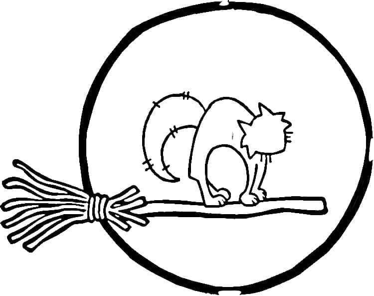 Halloween Cat on Broom coloring page