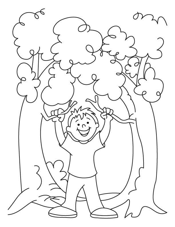 Happy Boy and Trees coloring page