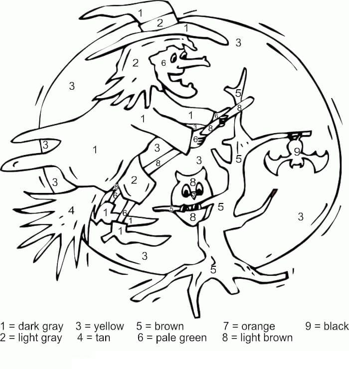 Witch Halloween Color by Number coloring page