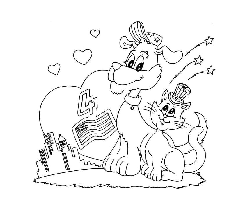 4th of July Dog and Cat coloring page