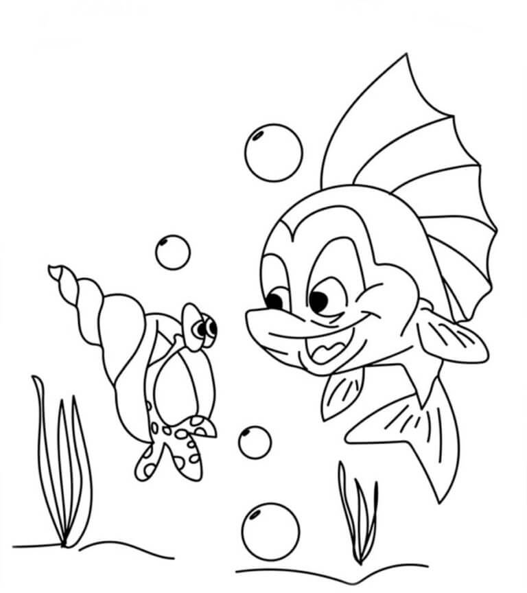 Cheerful Fish And a Crustacean in a Rapana coloring page