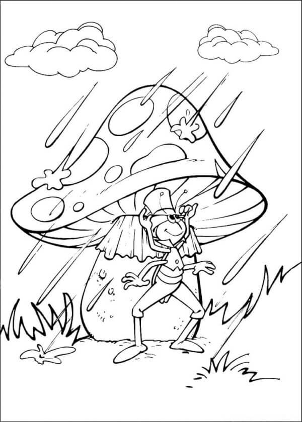 Grasshopper Hiding Under a Mushroom coloring page