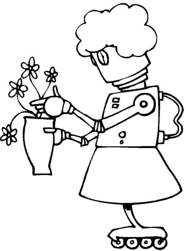 Robot Holding Flower coloring page