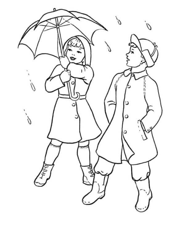 The Boy Gave His Umbrella to The Lady coloring page