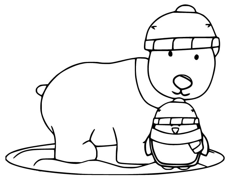 Adorable Polar Bear and Penguin coloring page