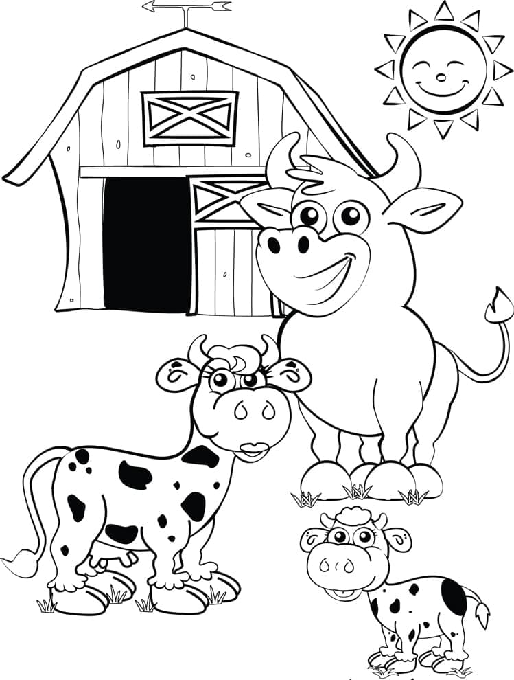 Bull, Cow and Calf on the Farm coloring page