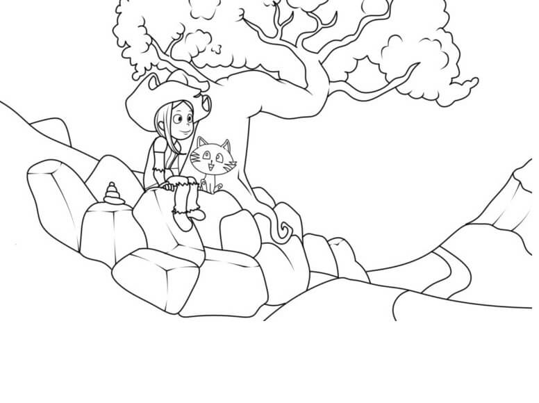 Cartoon Girl With Box And Tree coloring page