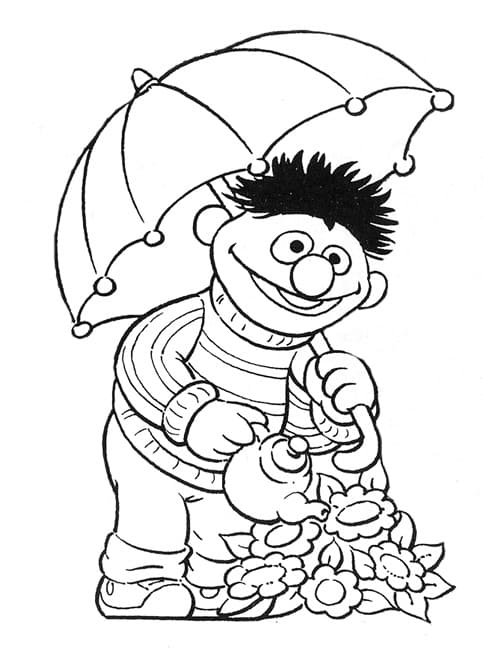 Ernie is Watering Flowers coloring page