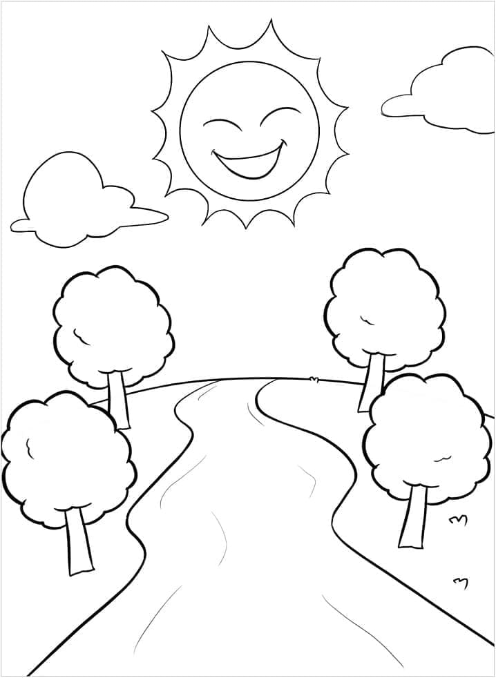 Happy Sun and River coloring page