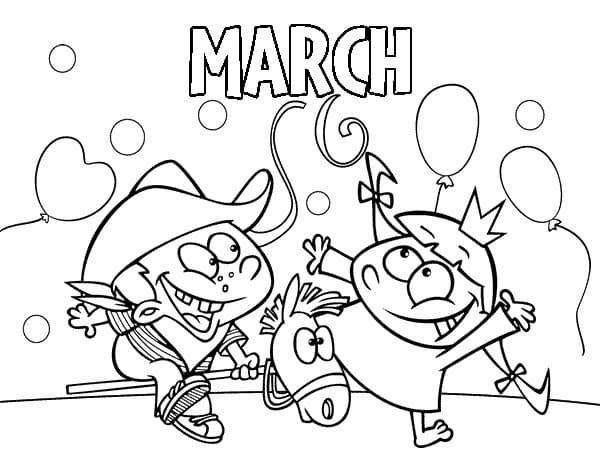 Kids with March coloring page