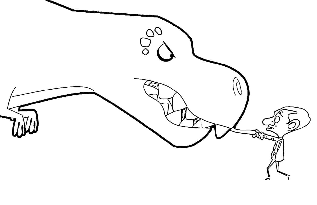 Mr Bean and Dinosaur coloring page