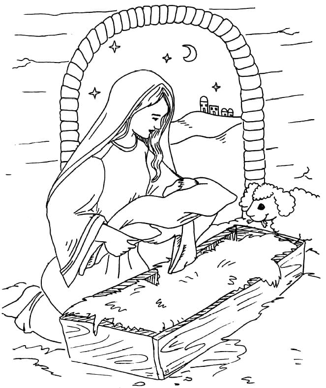 Nativity Mary and Baby Jesus coloring page