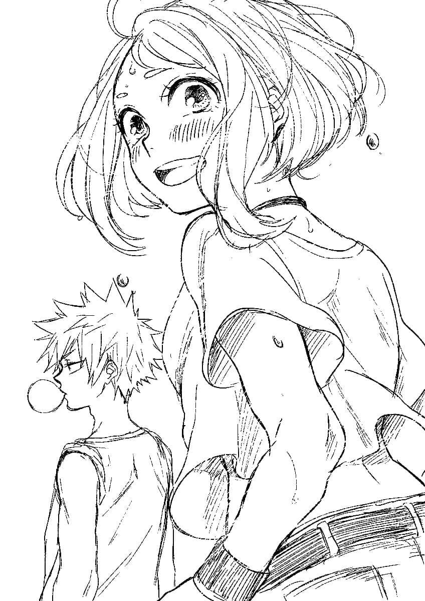 Ochako Uraraka and Katsuki Bakugo coloring page