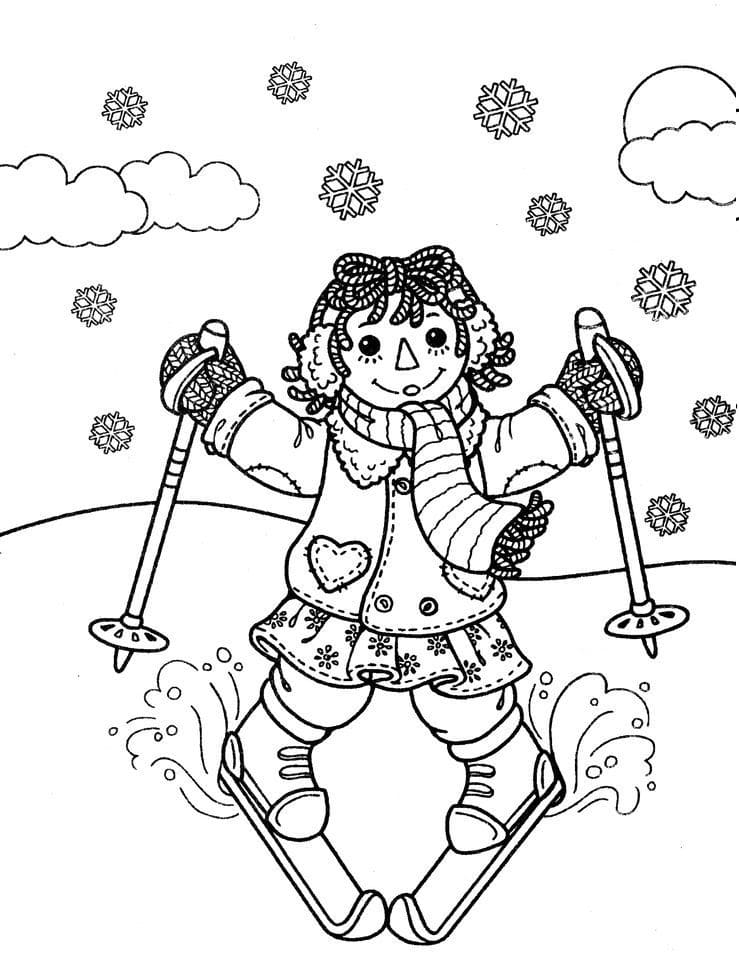 Raggedy Ann is Skiing coloring page