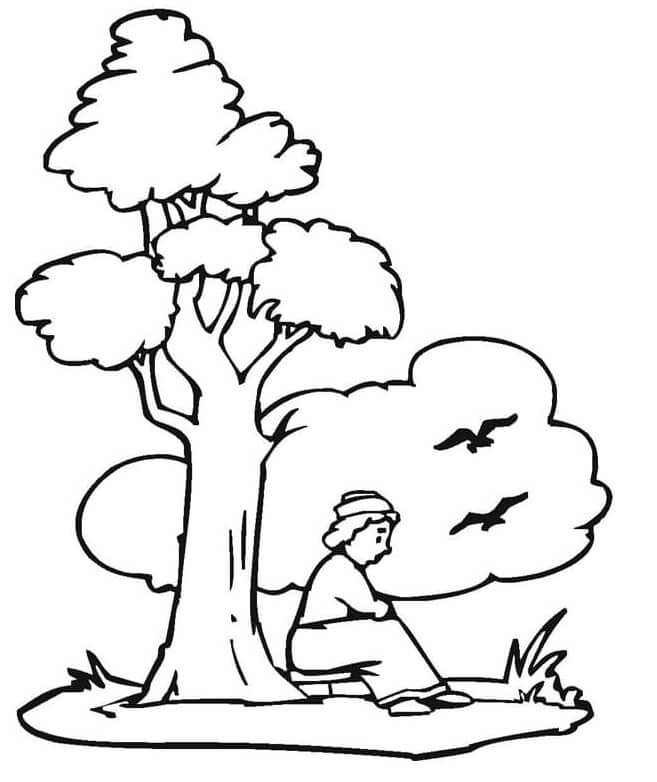 The Boy Sits Under A Tree coloring page