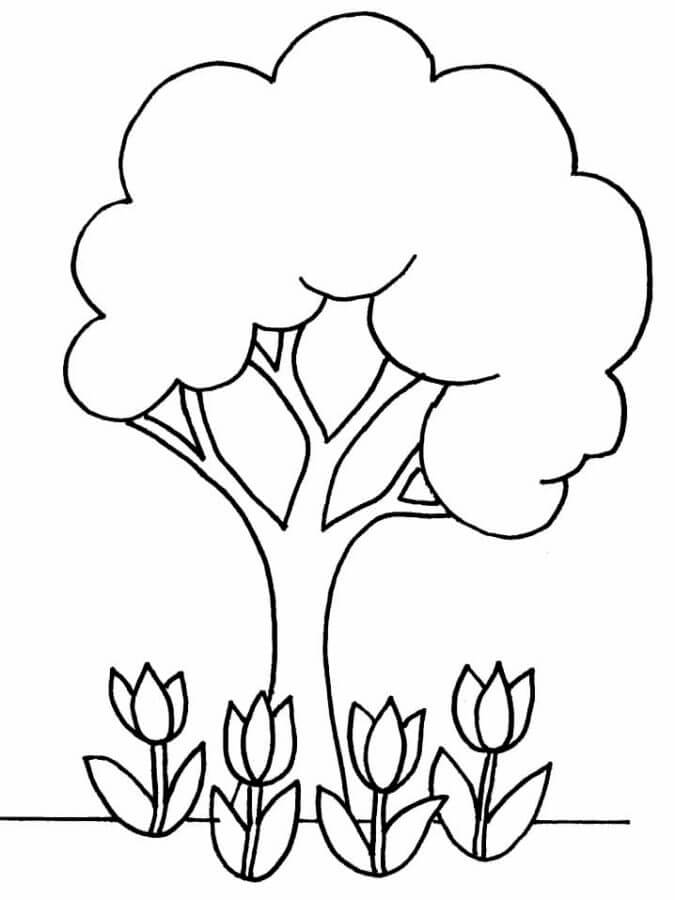 Tree And Tulips coloring page