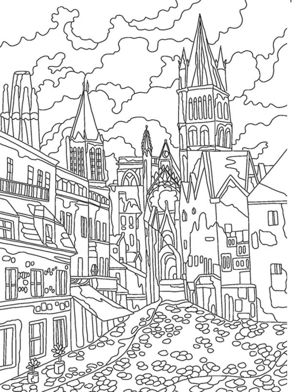 A Street With Medieval Architecture coloring page