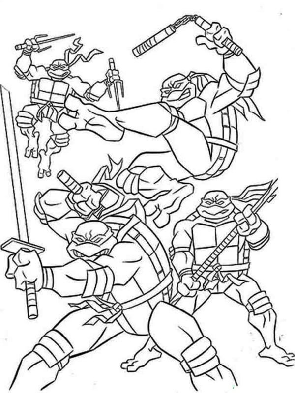 All Four Turtles Carry out an Attack coloring page