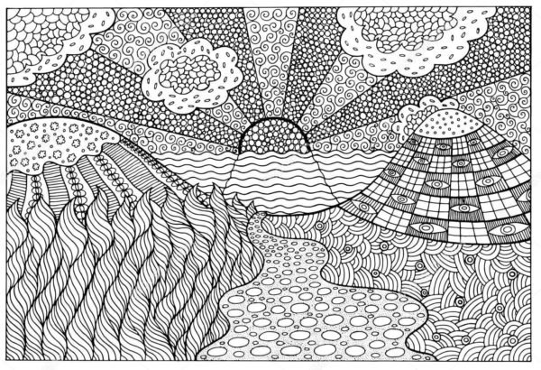Bright Sun Rays Illuminate The Mountain Meadow coloring page - Download ...