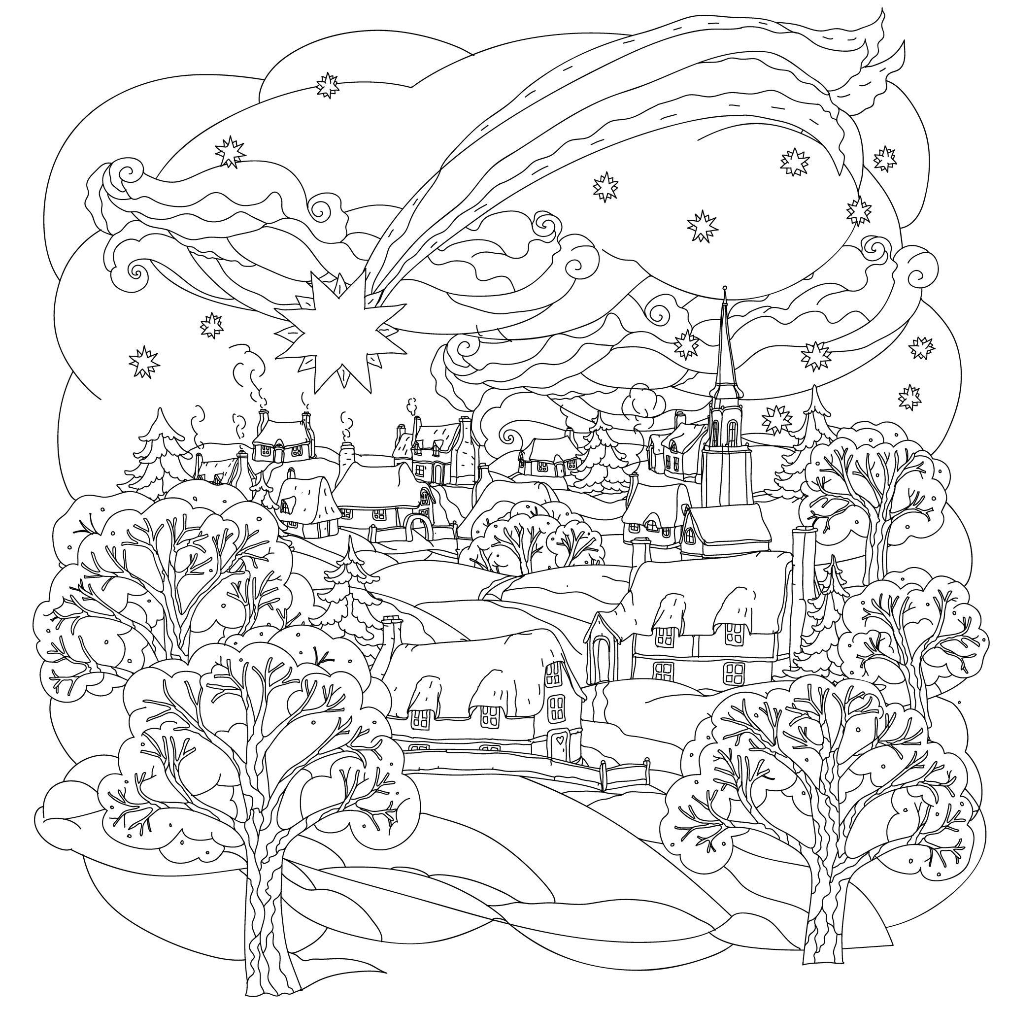 Christmas Star Flies Over Winter Village coloring page