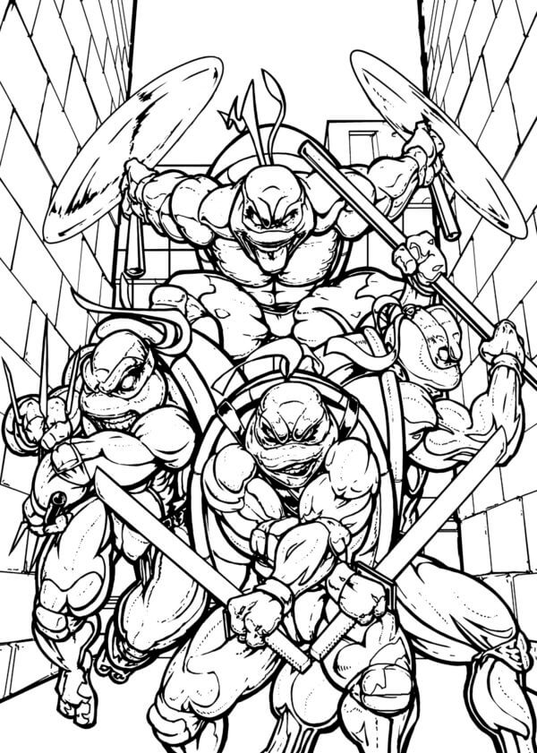 Four Muscular Ninja Turtles on The Streets of Manhattan coloring page