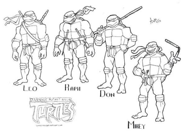 Four Turtles With Their Weapons, And The Logo Below coloring page