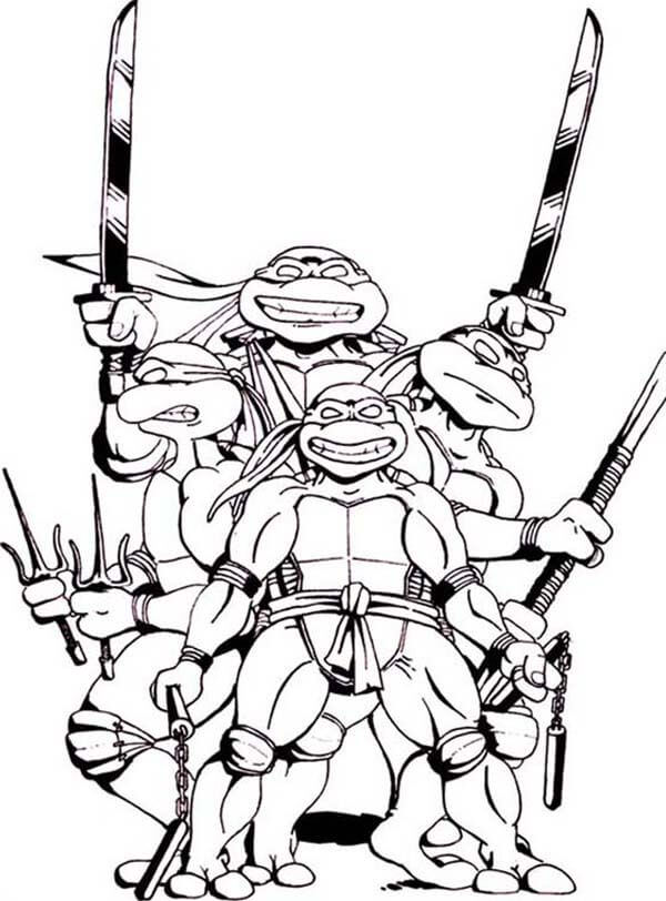 Ninja Turtles Demonstrate Their Weapons