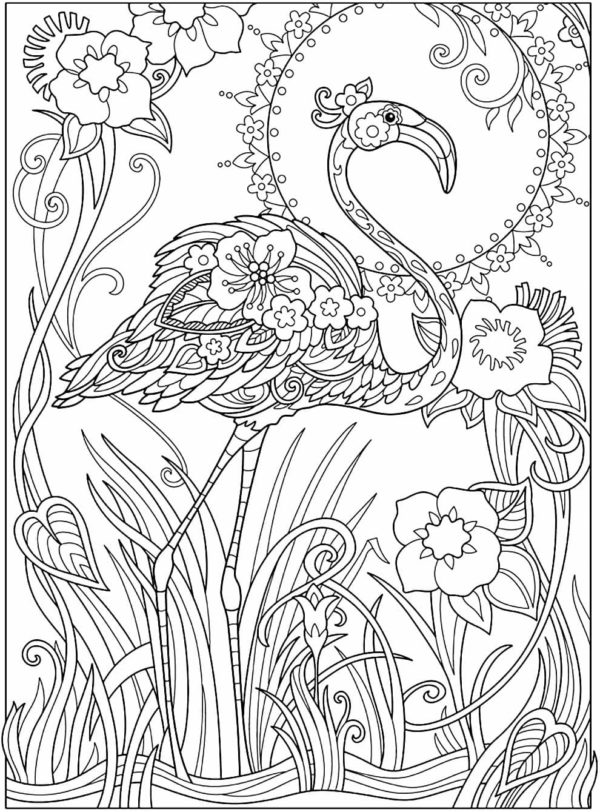 Pink Flamingos in Flower Thickets coloring page