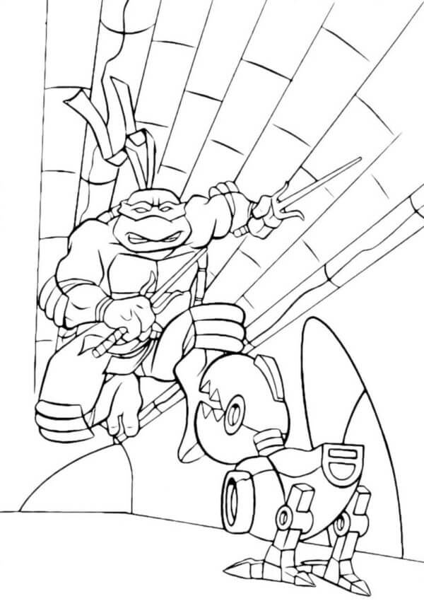 Raphael Attacks a Little Robot coloring page