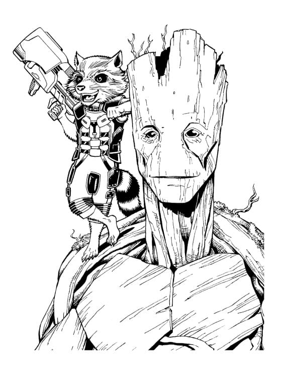 Rocket Raccoon With Groot coloring page