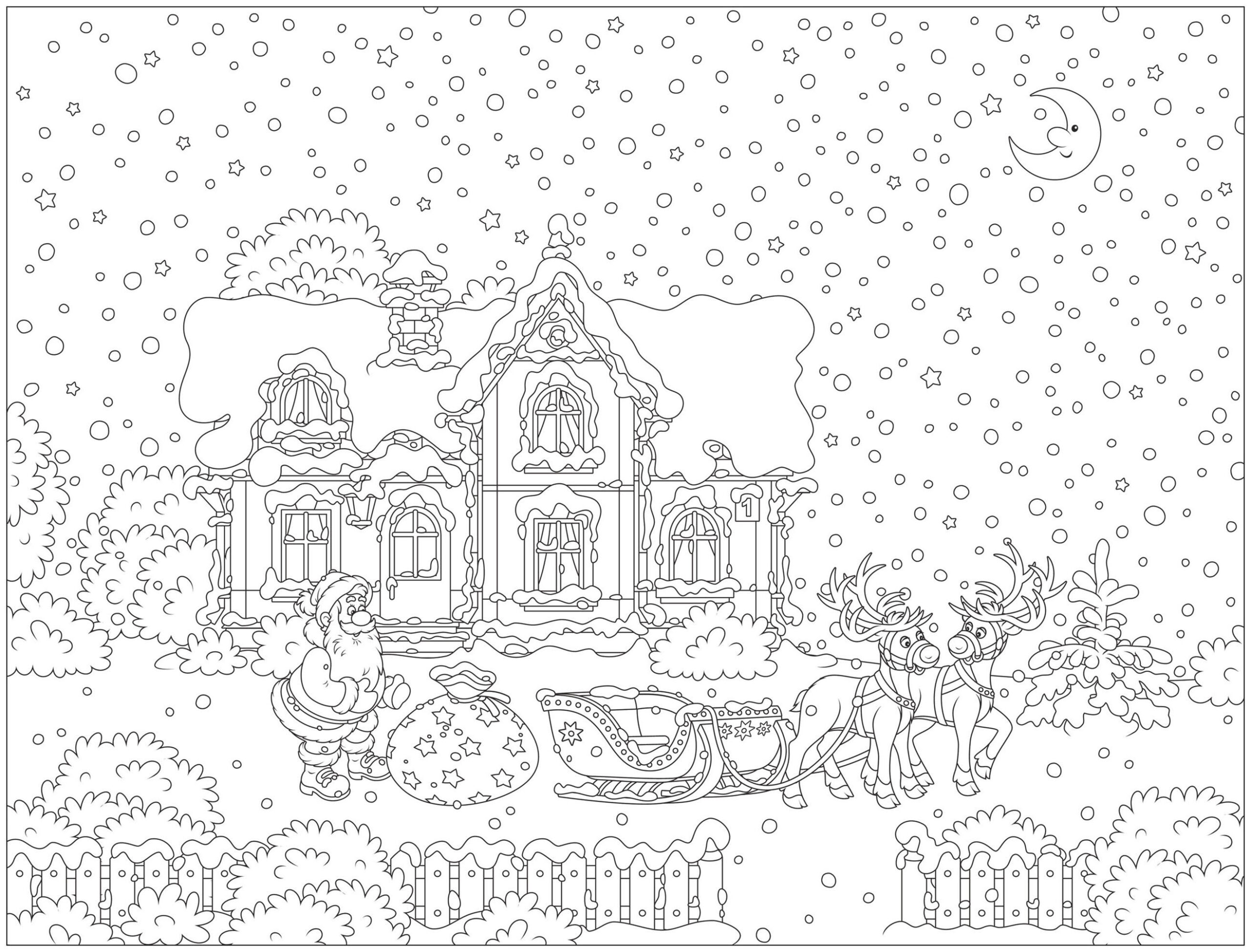 Santa Claus And His Reindeer Sled in Front of a Beautiful House coloring page