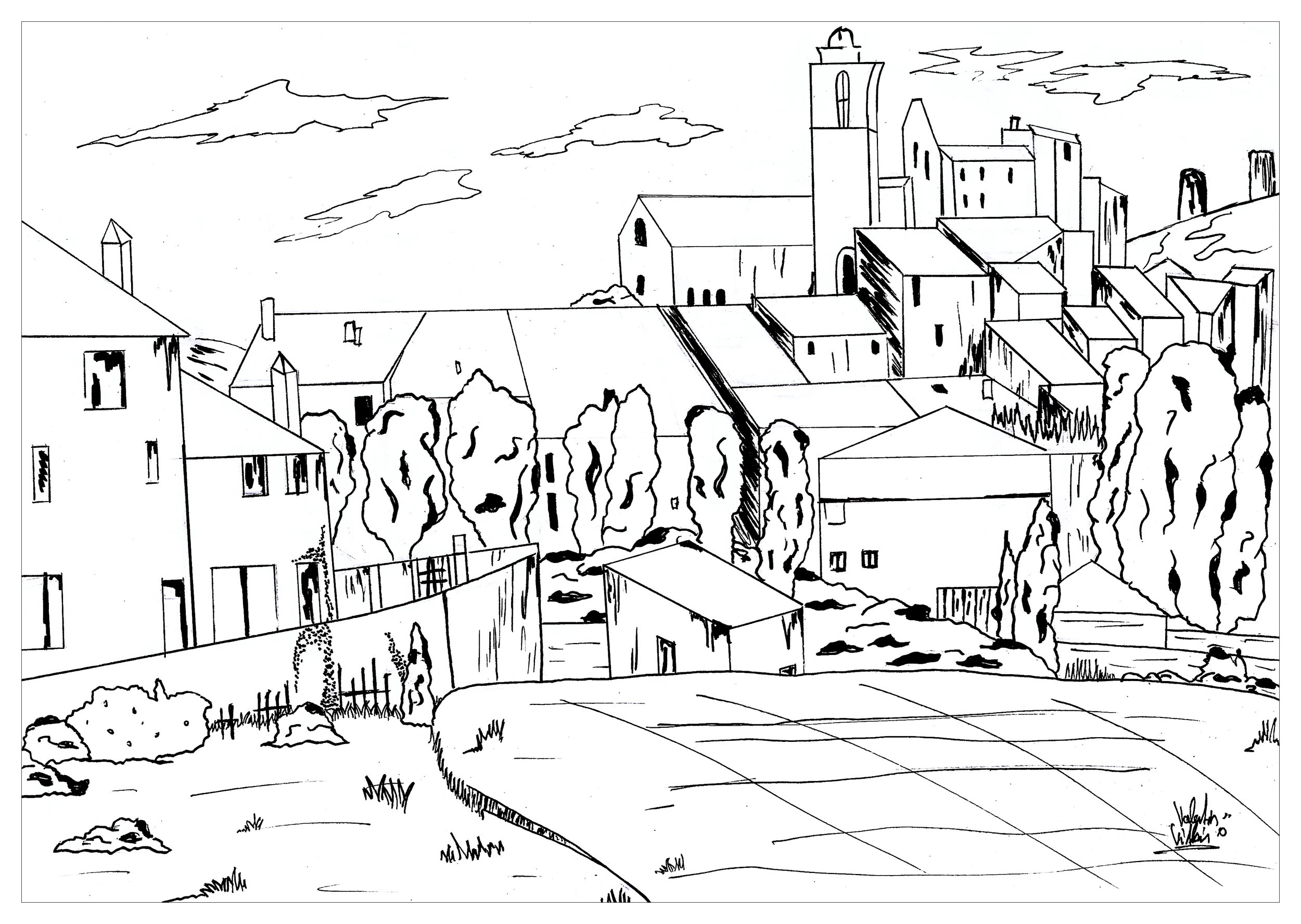 Simple Village coloring page