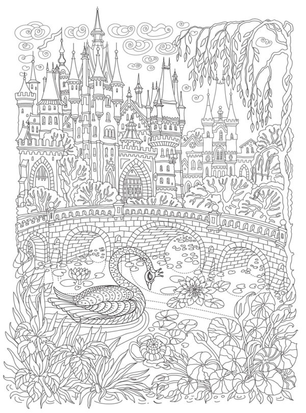 Swan Lake Near The Castle With Spiers coloring page