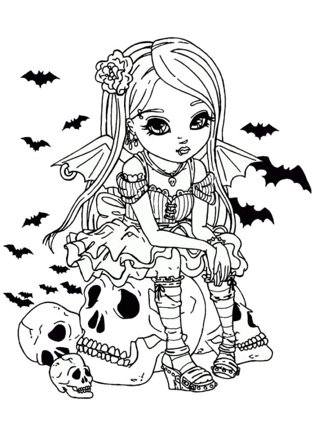 The Vampire Girl Yearns on the Skull coloring page