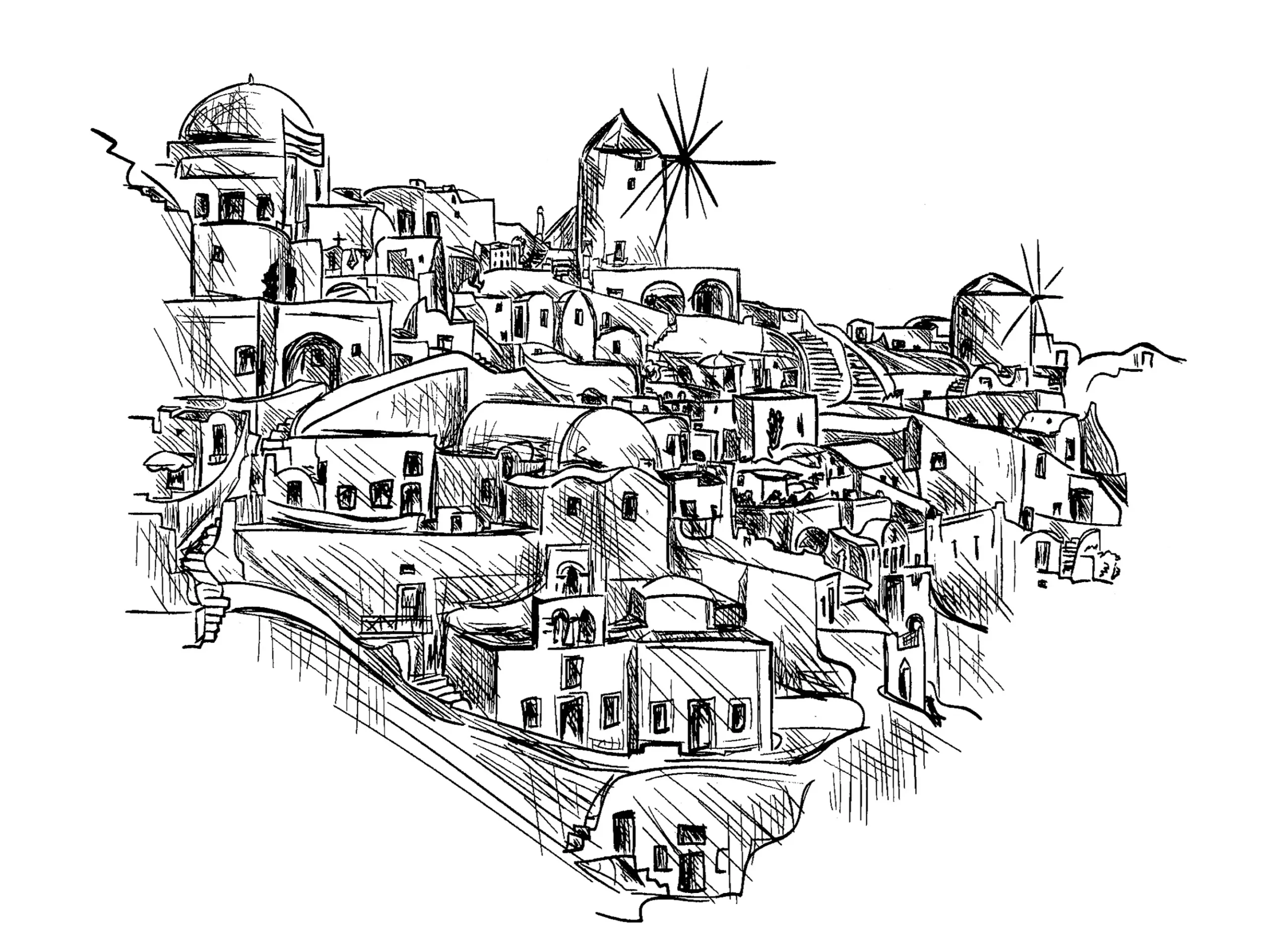 Traditional Village in Greece with windmill And Cute Houses coloring page