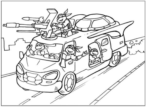 Turtles Drive a Modified Van coloring page