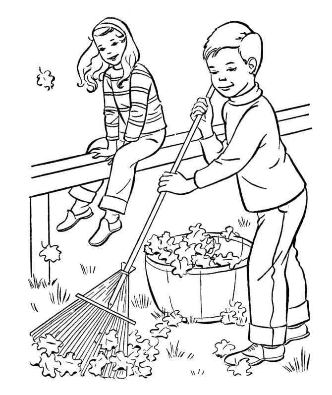 A Boy is Raking Leaves coloring page - Download, Print or Color Online ...