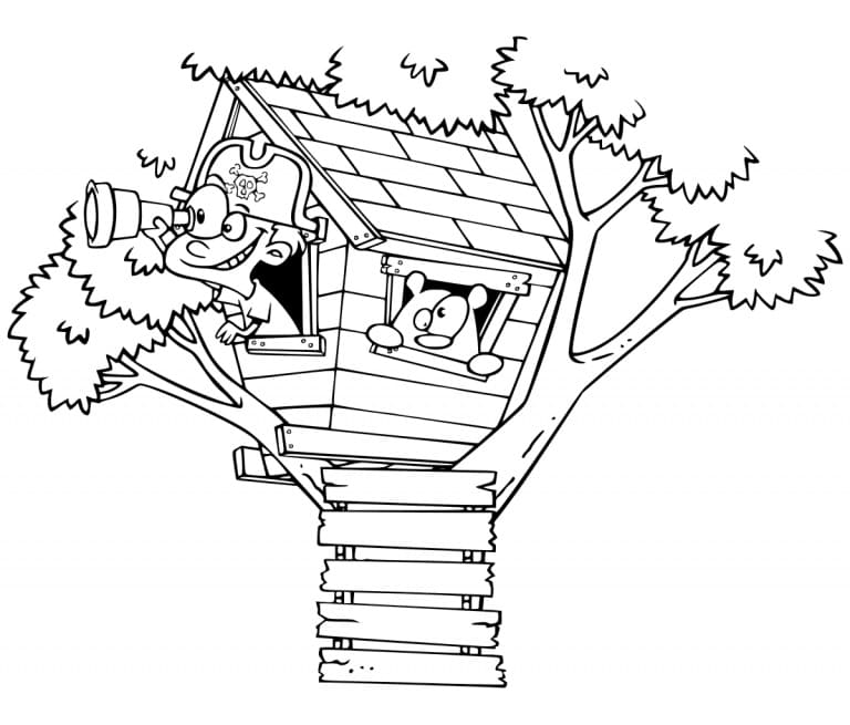 Boy and Treehouse coloring page