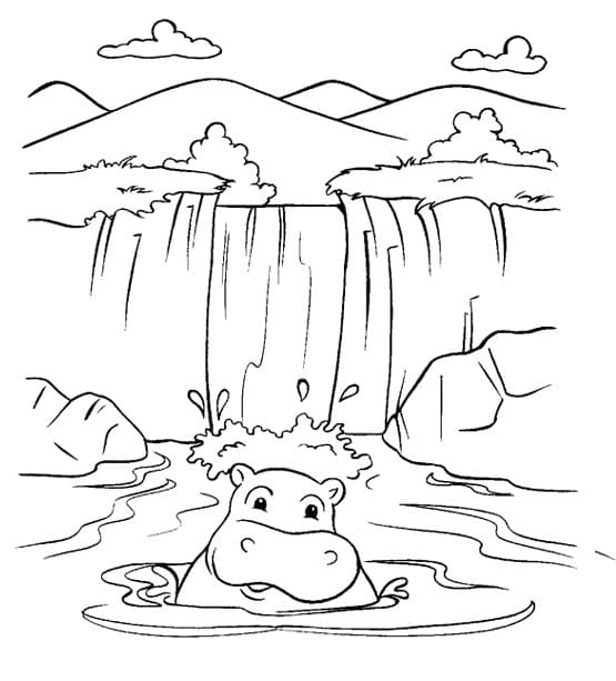 Cute Hippo and Waterfall coloring page