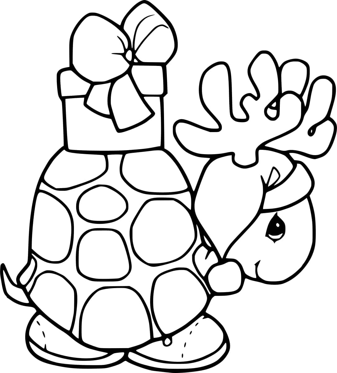 Cute Tortoise and Christmas Gift coloring page