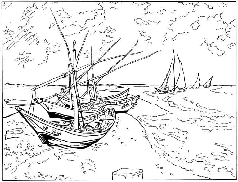 Fishing Boats on the Beach at Saintes-Maries coloring page