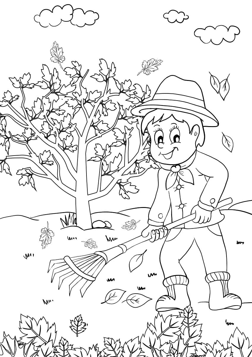 Free Raking Leaves coloring page