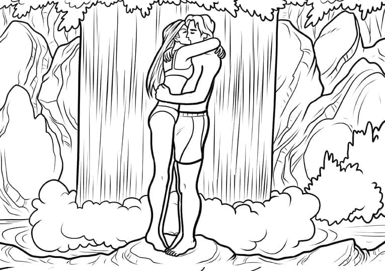 Kissing Scene Waterfall coloring page